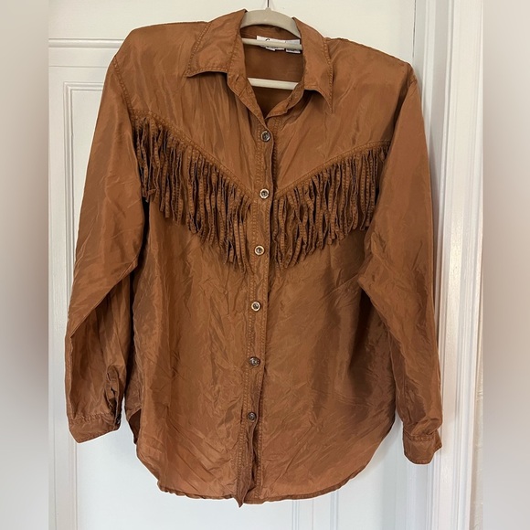 Vintage 100% Silk Fringe Western Shirt – Brown Cowboy Boho Top Size S Fiji Sport - Picture 1 of 7